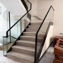 Lan can cầu thang kính cường lực có tay vịn cao cấp 3D hệ âm sàn vô cực 