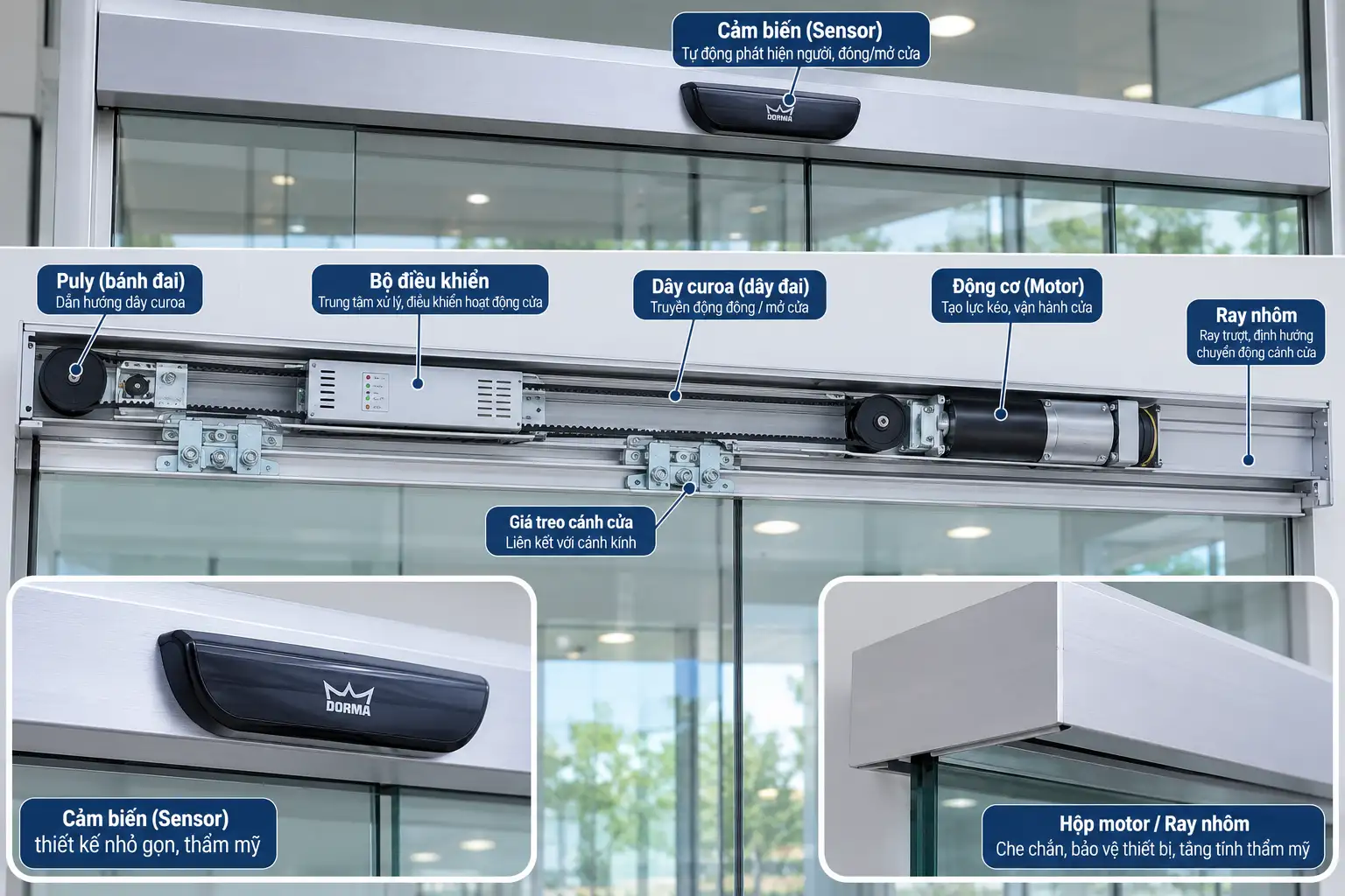 hộp motor/ray và cảm biến phía trên cửa kính lùa tự động