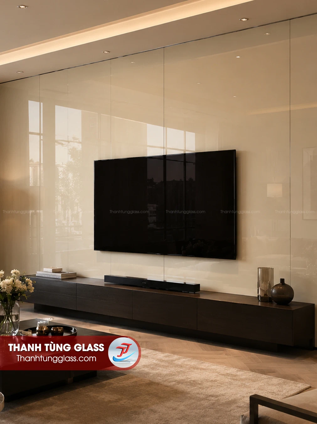 Kính sơn màu ốp phòng khách