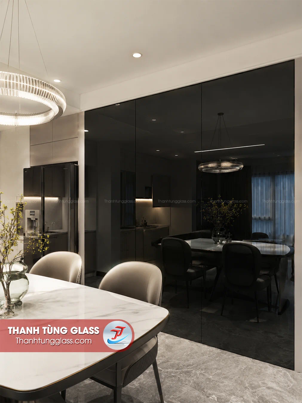 Kính thuỷ đen trang trí nhà bếp