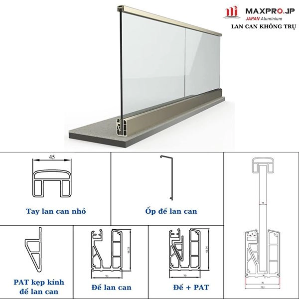 Lan can kính không trụ nhôm Maxpro