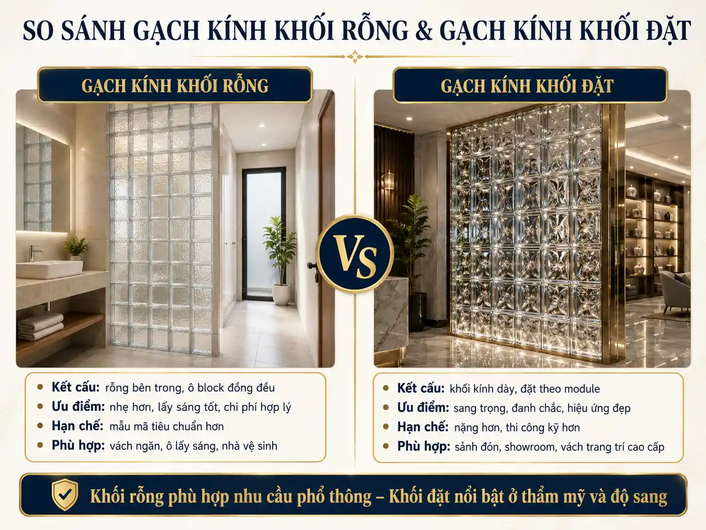 So sánh Gạch kính khối rỗng và Gạch kính khối đặt