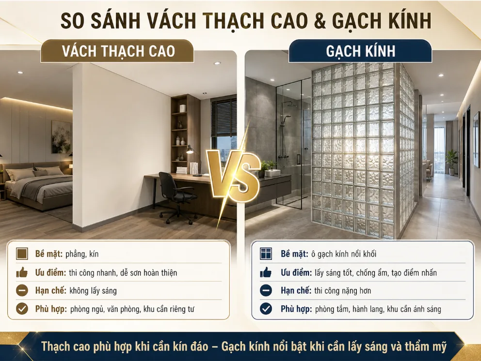 So sánh Gạch kính và Thạch cao